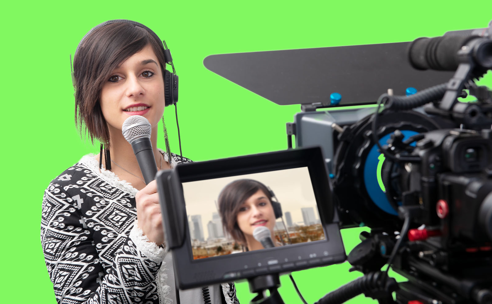 pretty young woman journalist presenting report in television s